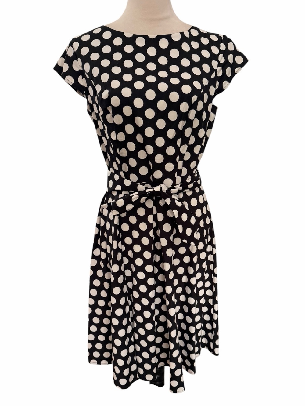 Large Polka Dot Tie-Waist Fit and Flare Dress Black White Cap Sleeves Cotton